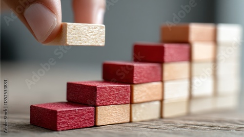 Finger places small wooden block atop a growing red and beige stair.