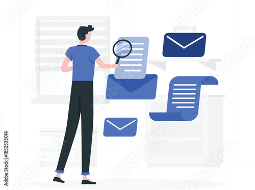 Man examining documents and emails with magnifying glass person blue shirt black pants