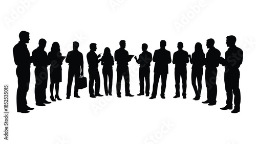 A group of people standing together seemingly in discussion presented as a silhouette