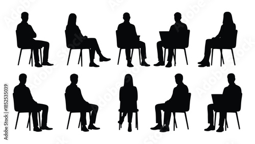 a collection of black silhouettes depicting people seated in chairs showing varied postures silhouette