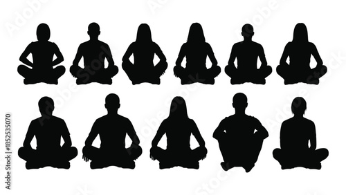 A collection of people meditating in the lotus position depicted as a striking silhouette