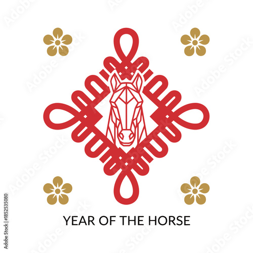 Red geometric horse head within a traditional Chinese knot ornament and gold flowers for 2026 Lunar New Year auspicious decoration and design