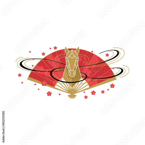 Stylized golden horse head on traditional Chinese red fan with plum blossoms and decorative swirls for 2026 Year of the Horse greeting