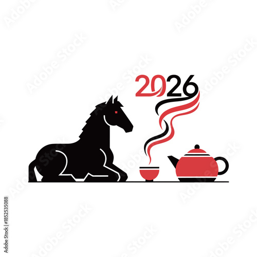 Minimalist black horse silhouette with steaming tea set and 2026 typography for traditional Chinese culture and relaxing Lunar New Year concept