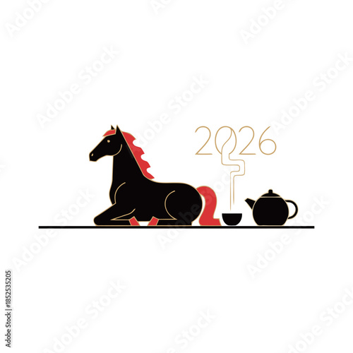 Elegant black horse silhouette resting with red mane and tail next to a teapot and steaming tea cup with 2026 outline design