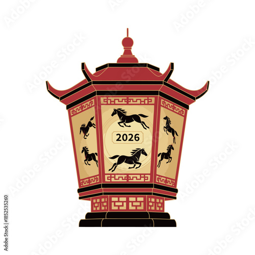 Ornate traditional Chinese lantern with multiple horse silhouettes and 2026 numbers featuring intricate patterns for Lunar New Year festival decoration