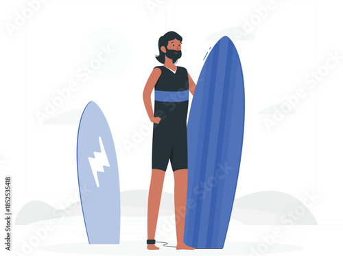 Man in black wetsuit standing with blue surfboards surfer beach de