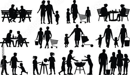 Black silhouettes of families and couples enjoying outdoor meals and shopping trips Keywords: silhouette, family, people