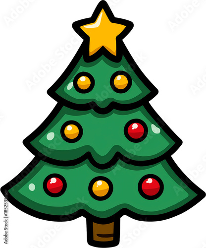 Cartoon Christmas tree clipart with baubles and star on top