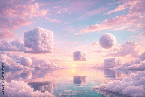 Surreal landscape with floating clouds and sunset