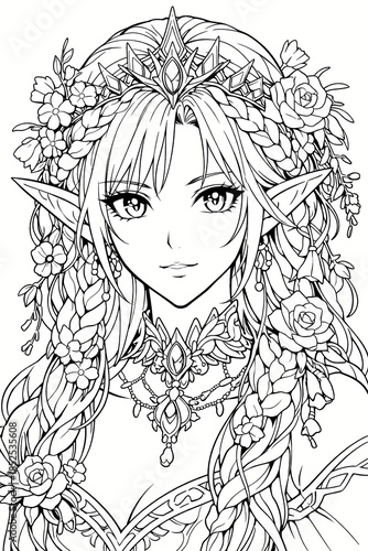 A beautiful elf princess with intricate braided hair and a floral crown in a detailed anime line art style.