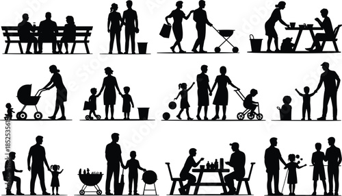 Collection of black silhouettes of families enjoying outdoor activities and gatherings Keywords: silhouette, family, people