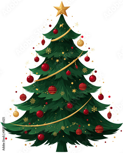 Watercolor Christmas tree with ornaments and gold ribbon, paint splashes