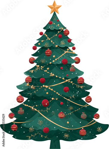 Christmas tree illustration with red baubles and subtle snowy texture