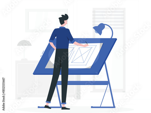 Man in blue shirt on large paper on easel black pants desi