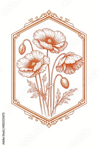 A vintage botanical illustration of blooming poppies enclosed within an ornate hexagonal frame.
