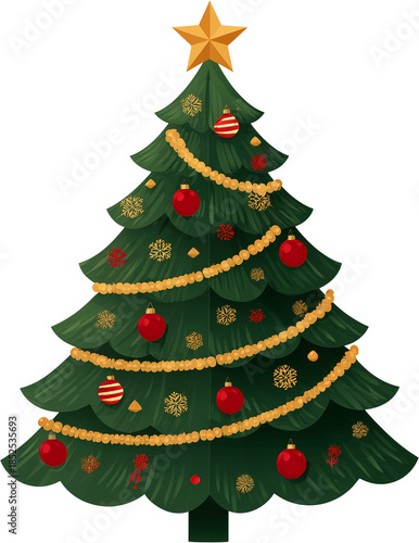 Hand-drawn Christmas tree with garland and red ornaments, star topper