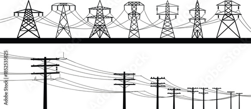 Black and white illustration of power line towers and utility poles electricity transmission