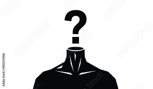 a striking black silhouette depicts a human head shape with a question mark replacing the brain symbolizing uncertainty and questioning