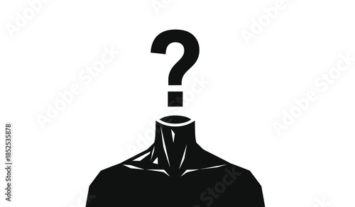 A striking black silhouette depicts a human figure with a question mark replacing the head symbolizing uncertainty and inquiry high quality