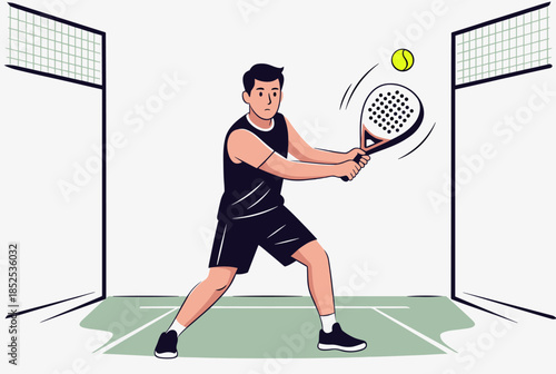 Male Padel Player in Action on Court, Ready to Hit the Ball