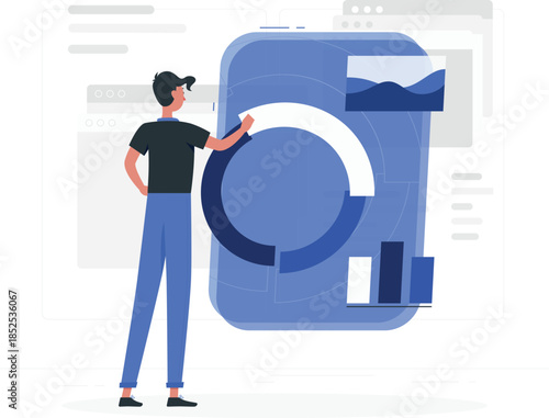 Man interacting with large smartphone display blue chart d