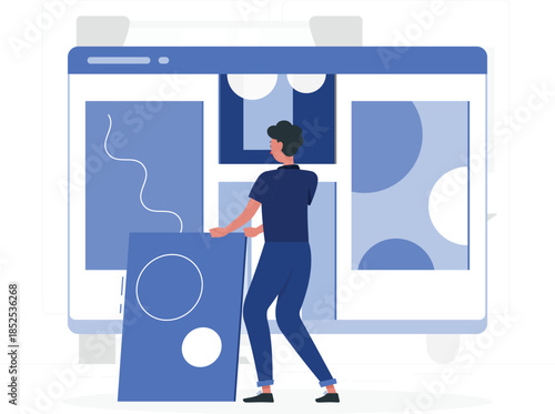 Man placing blue puzzle piece into large computer screen problem solving