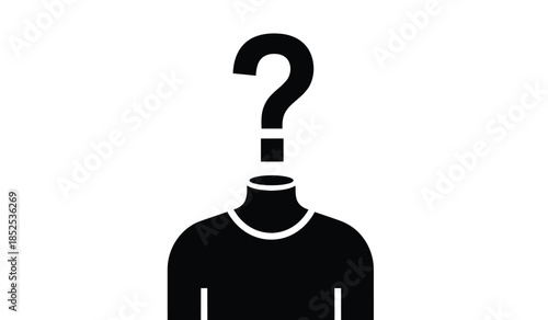 A simple black silhouette of a person with a question mark replacing their head symbolizing confusion and uncertainty about identity