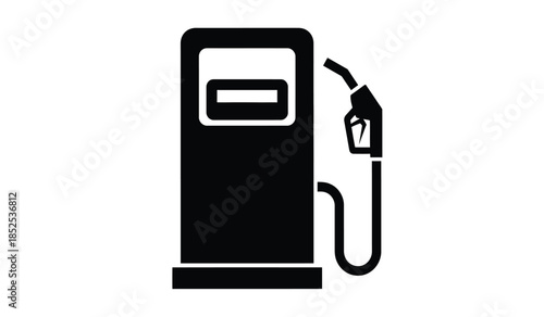 A simple black and white illustration depicts a classic fuel pump with a nozzle representing gas stations and vehicle refueling