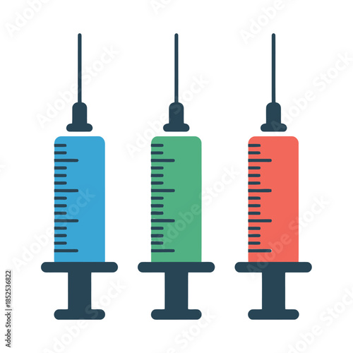 Three colorful syringes with needles are shown against a white background.