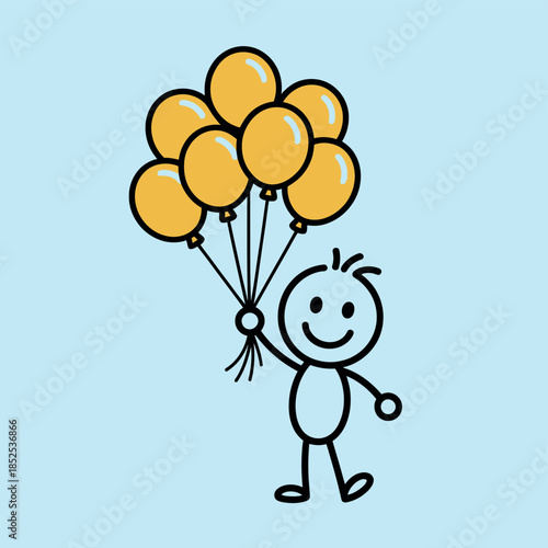 A simple stick figure character holds a bunch of balloons with a smile.