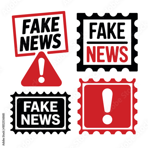 Warning symbols and stamps indicate the concept of fake news.