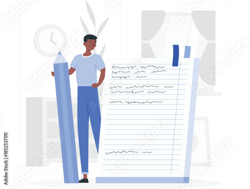 Man standing with large pencil and notepad person dark skin blue clothes