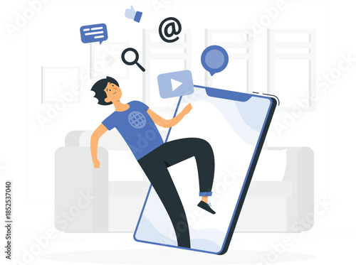 Man stepping out of large smartphone screen with social media play button magnifying glass de
