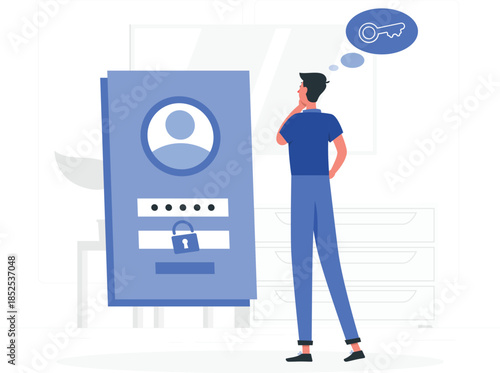 Man thinking in front of locked blue cabinet with key person blue shirt blue pants black shoes