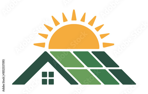 A stylized logo depicts a house with solar panels beneath a rising sun.