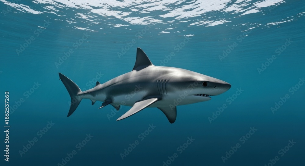 Obraz premium Majestic shark gracefully swimming in the deep blue ocean waters.