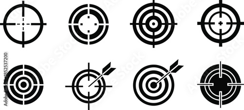 Collection of black target sights with arrow ideal for design on transparent background silhouette