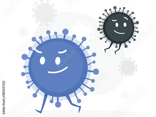Smiling blue and black cartoon viruses with legs de