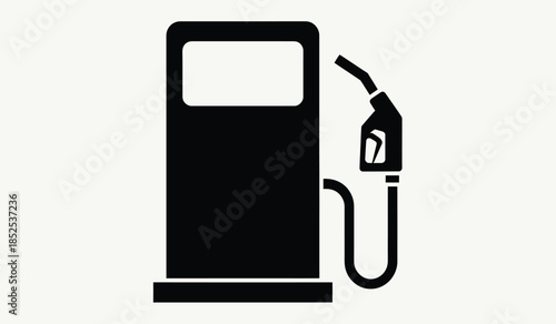 A minimalist black and white illustration depicts a gas pump with a nozzle representing fuel or energy isolated on a pale background