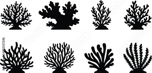 Collection of black coral reef silhouettes on transparent background