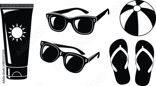 Summer vacation essentials including sunscreen sunglasses and beachwear silhouette on transparent background