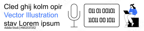Artificial intelligence, voice recognition, programming, remote work, data transformation, digital communication. A microphone, binary code and a person using a laptop. Artificial intelligence