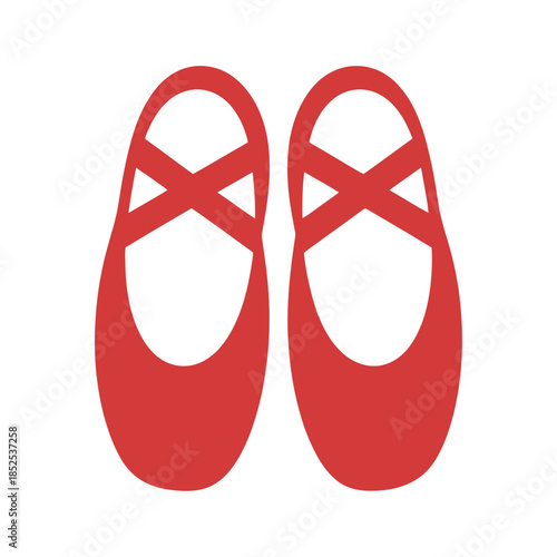 A pair of red ballet slippers with crossed ribbons are displayed on a white background.