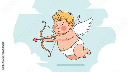 Adorable cartoon cupid with bow and arrow flying in the air with clouds and blue background, cute baby angel with wings and diaper, sweet