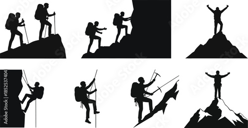 Mountain climbers and hikers in various poses a black silhouette on transparent background