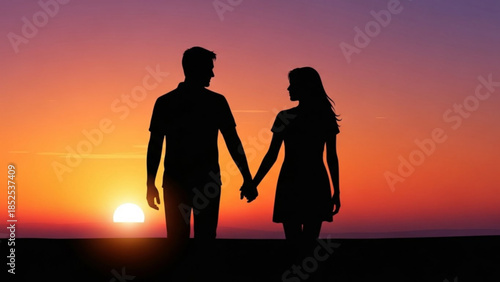 Silhouette of romantic couple holding hands at sunset with vibrant orange and purple sky