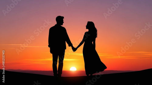 Silhouette of romantic couple holding hands at sunset with vibrant orange and purple sky