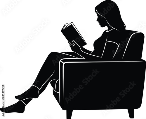 Woman reading a book in an armchair ideal for designs on transparent background silhouette