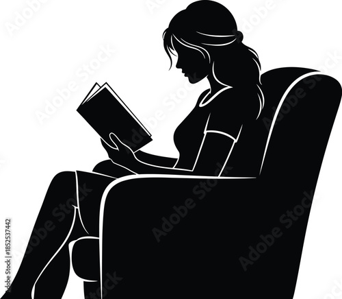 Woman reading a book in an armchair on transparent background silhouette
